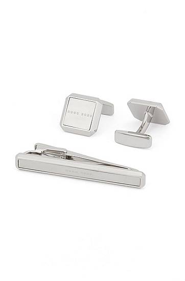 Hugo Boss Brushed And Polished Metal Cufflinks And Tie Clip Gift Set In Silver