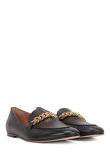 Hugo Boss Italian-leather Loafers With Chain Trim  In Black