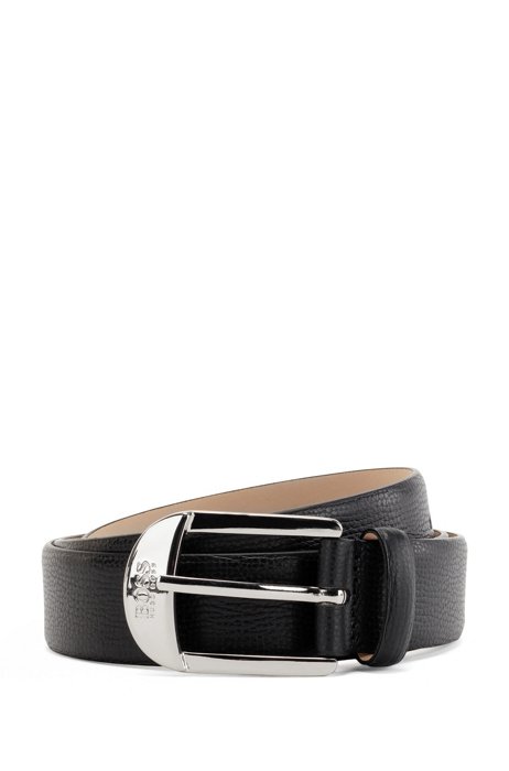 Pin-buckle belt in grained Italian leather, Black