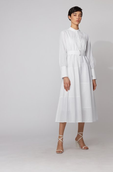 Shirt dress in cotton with patchworked monogram panels, White