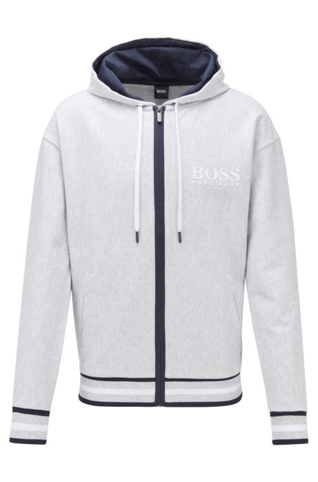 Zip-through hooded sweatshirt in needle-rib cotton jacquard, Grey