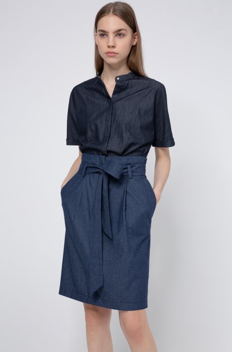 Regular-fit miniskirt in denim with paper-bag waist, Dark Blue