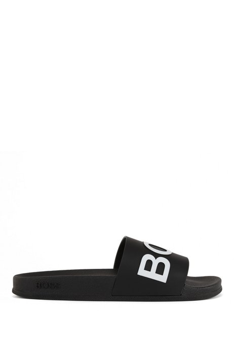 Italian-made slides with logo strap and contoured sole, Black