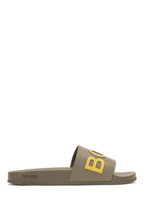 Italian-made slides with logo strap and contoured sole, Dark Green