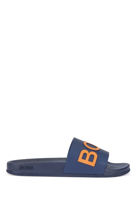 Italian-made slides with logo strap and contoured sole, Dark Blue
