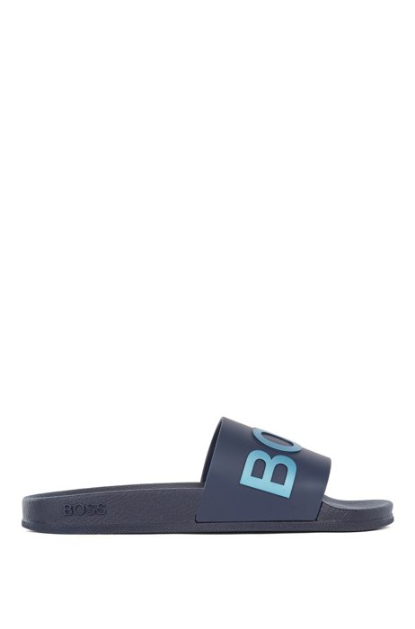 Italian-made slides with logo strap and contoured sole, Dark Blue