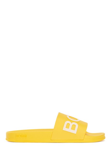 Italian-made slides with logo strap and contoured sole, Yellow