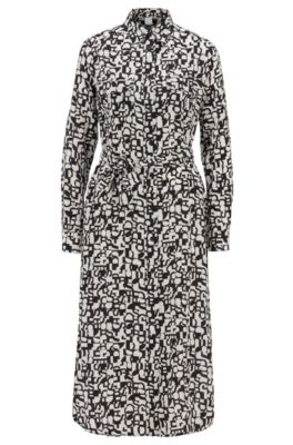 Long-sleeved shirt dress in printed silk, Patterned