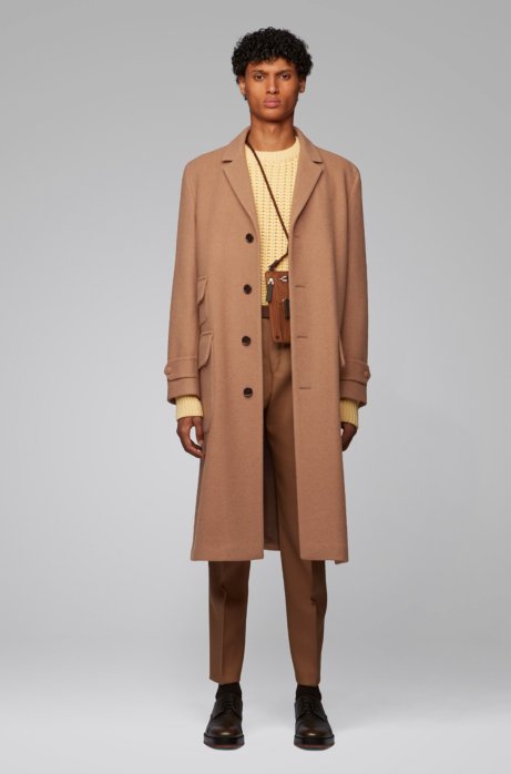 Boss Overcoat In Camel Hair And Virgin Wool