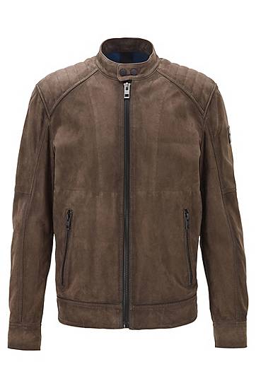 Hugo Boss Slim-fit Jacket In Goat Suede With Quilted Shoulders In Brown