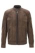 Slim-fit jacket in goat suede with quilted shoulders, Brown