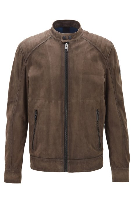 Slim-fit jacket in goat suede with quilted shoulders, Brown