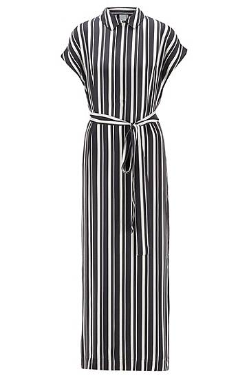 Hugo Boss Zip-neck Kaftan Dress In Striped Twill In Black
