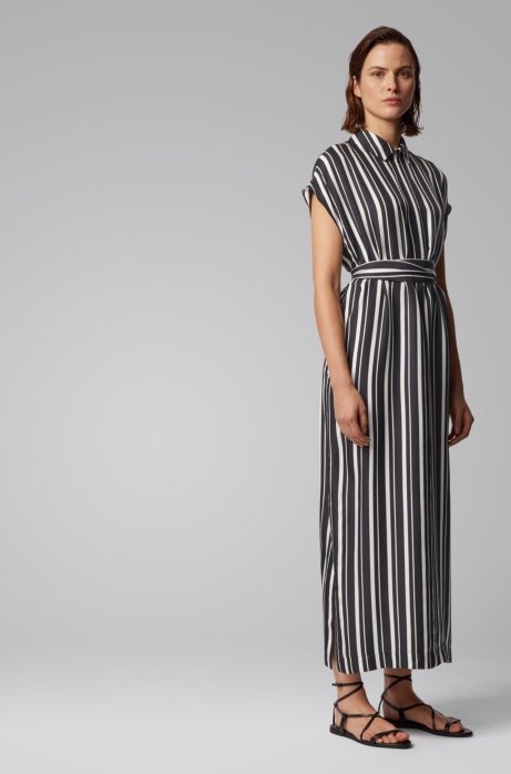 Zip-neck kaftan dress in striped twill, Black