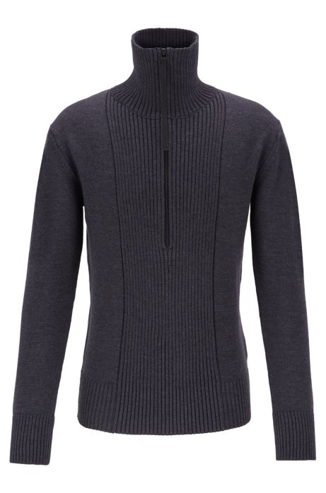 Zip-neck sweater in merino wool with structured front, Dark Grey