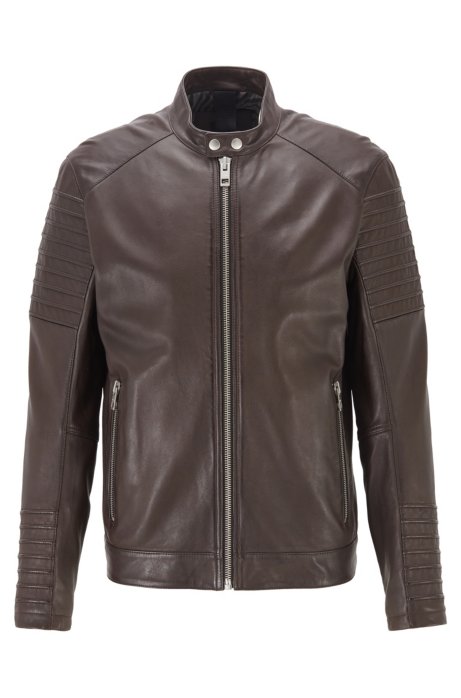 Slim-fit jacket in hand-treated sheep leather, Dark Brown