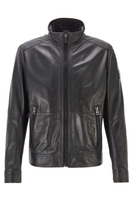 Slim-fit aviator jacket in leather, Black
