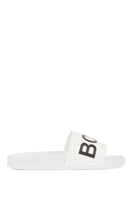 Sandali slider con fascia con logo e soletta sagomata, Bianco