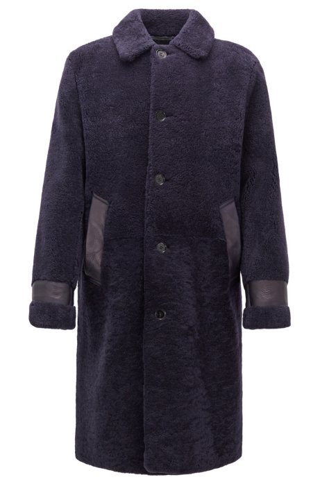 Relaxed-fit shearling coat with leather trims, Dark Purple