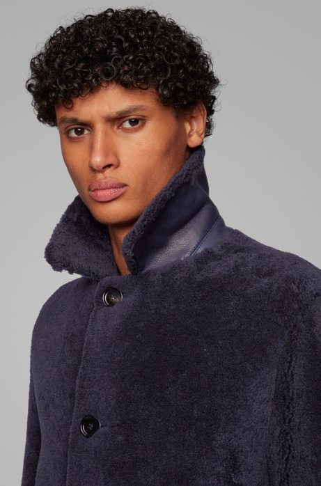 Boss Relaxed Fit Shearling Coat With Leather Trims