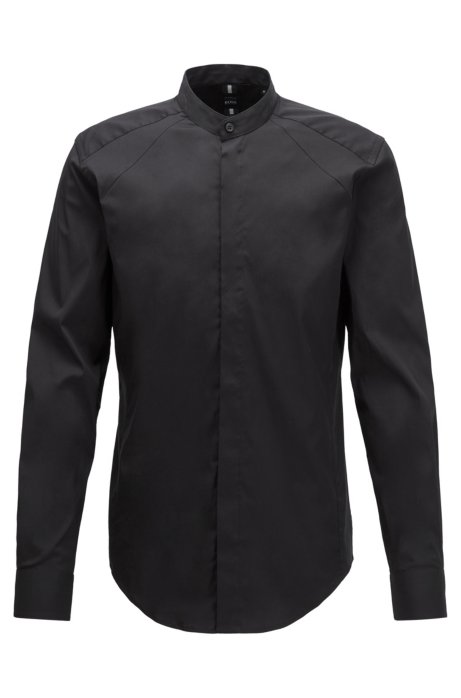 Slim-fit shirt with stand collar and dynamic cutlines, Black