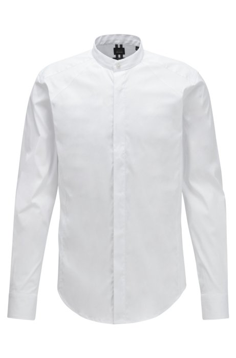 Slim-fit shirt with stand collar and dynamic cutlines, White
