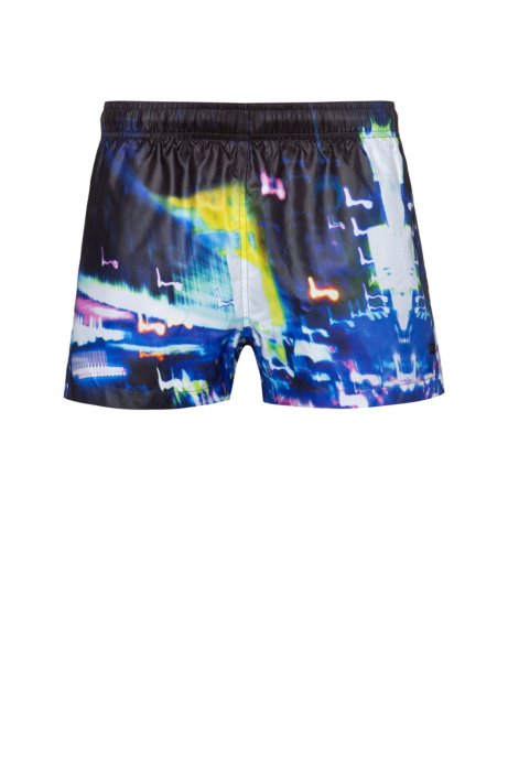Quick-drying swim shorts with city-lights print, Black