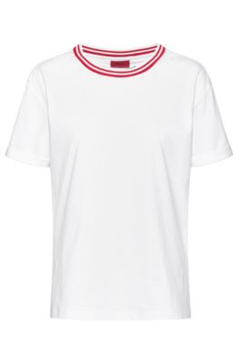Stripe-neck slim-fit T-shirt in Recot&sup2;&reg; cotton, White