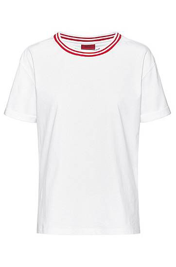 Hugo Stripe-neck Slim-fit T-shirt In Recot²® Cotton In White