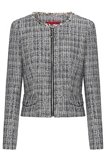 Hugo Regular-fit Zipped Jacket In Tweed With Fringing Details In Multi