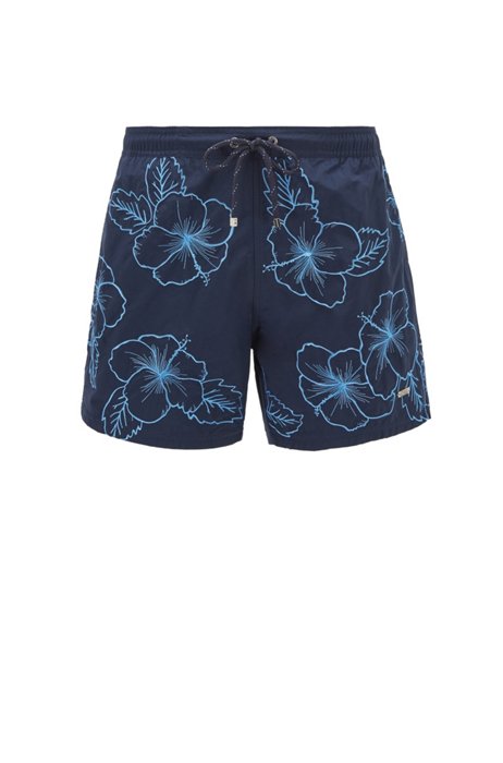 Quick-drying swim shorts with embroidered motif, Dark Blue
