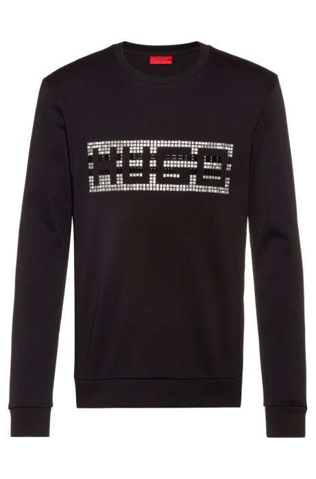 Crew-neck sweatshirt in interlock cotton with studded logo, Black
