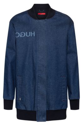 Oversized-fit bomber-style jacket in stretch denim, Blue