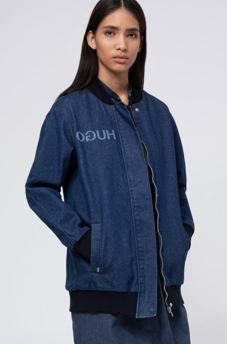 Oversized-fit bomber-style jacket in stretch denim, Blue