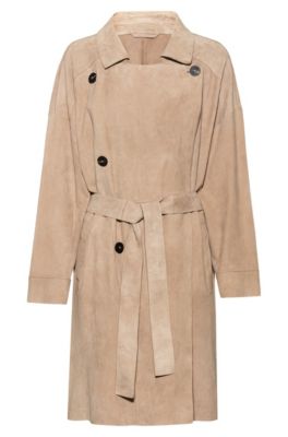 Double-breasted trench coat in suede with oversized lapels, Beige