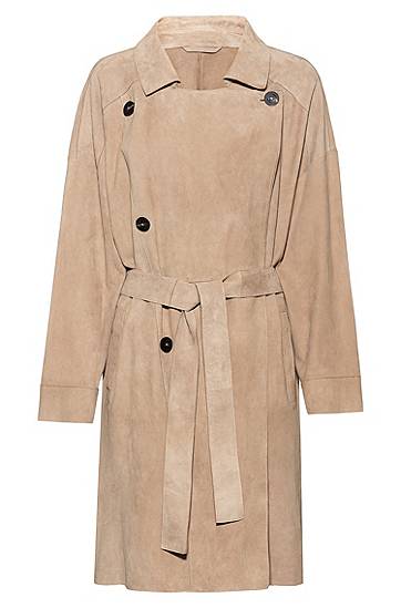 Hugo Double-breasted Trench Coat In Suede With Oversized Lapels In Neutrals