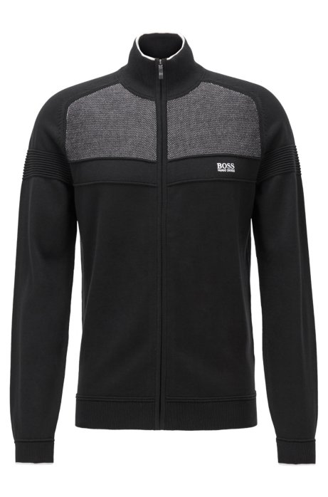 Zip-through knitted cardigan in a stretch-cotton blend, Black