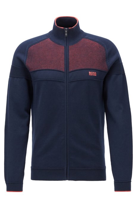 Zip-through knitted cardigan in a stretch-cotton blend, Dark Blue