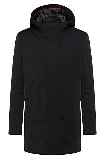 Hugo Slim-fit Hooded Coat In Stretch Twill In Black