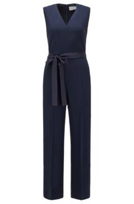 Hugo Boss V-neck Jumpsuit In Italian-made Satin-back Crepe In Blue ...