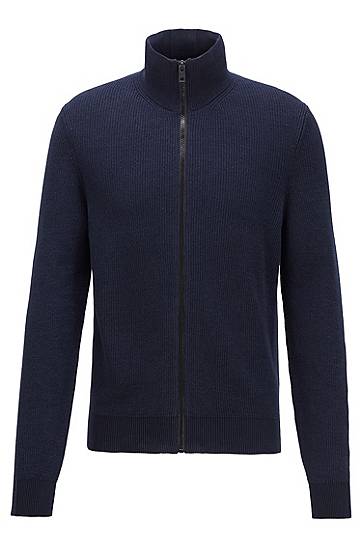 Hugo Boss Zip-through Knitted Jacket In Cotton And Linen In Blue