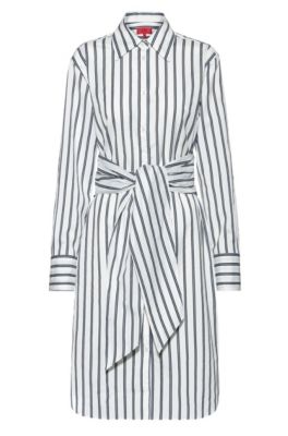 Striped shirt dress with tie-up belt, White