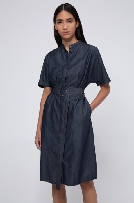 Stand-collar shirt dress in Italian denim, Dark Blue