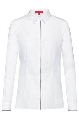 Slim-fit blouse in stretch cotton with piping details, White
