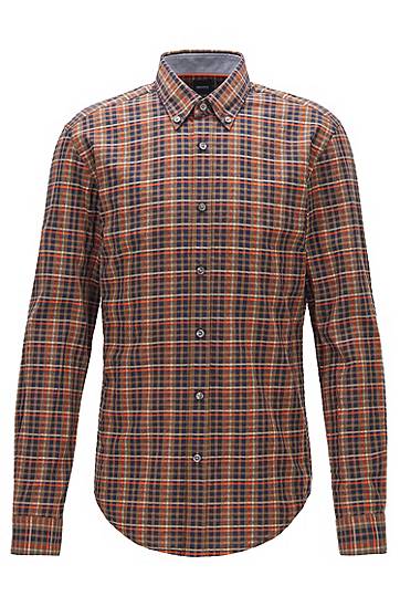 Hugo Boss Checked Slim-fit Shirt In Oxford Cotton In Brown