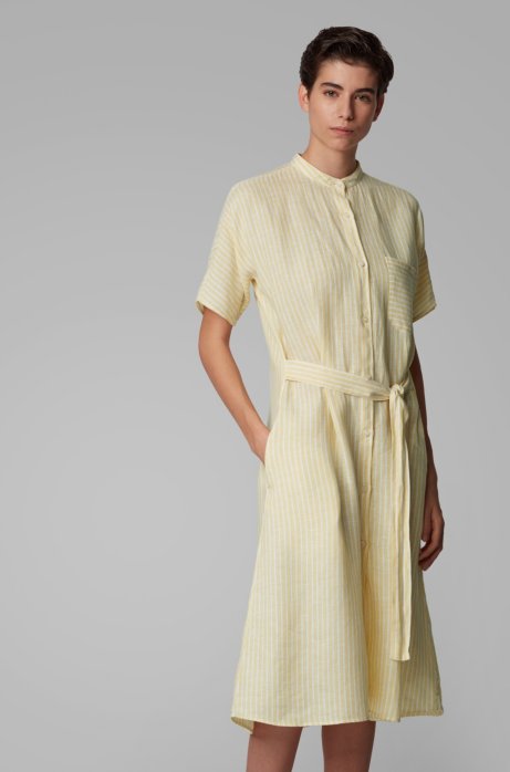 Shirt dress in a striped cotton-linen blend, Yellow