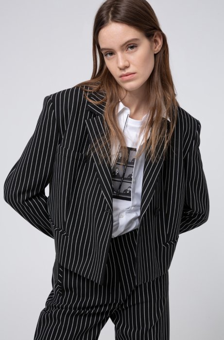 Relaxed-fit cropped jacket with vertical stripe, Black