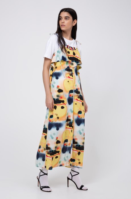 Tie-dye midi dress with volant detail, Yellow