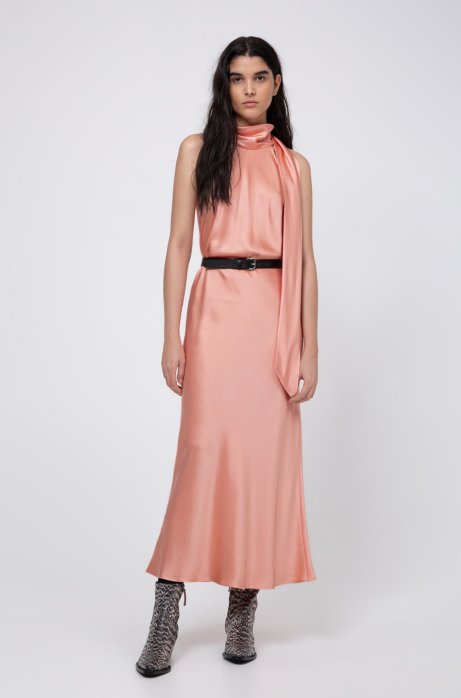 Tie-neck evening dress in lustrous fabric, Light Orange