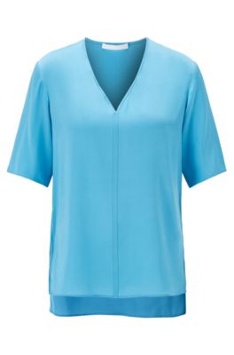 Regular-fit blouse in silk-blend crepe de Chine, Turquoise